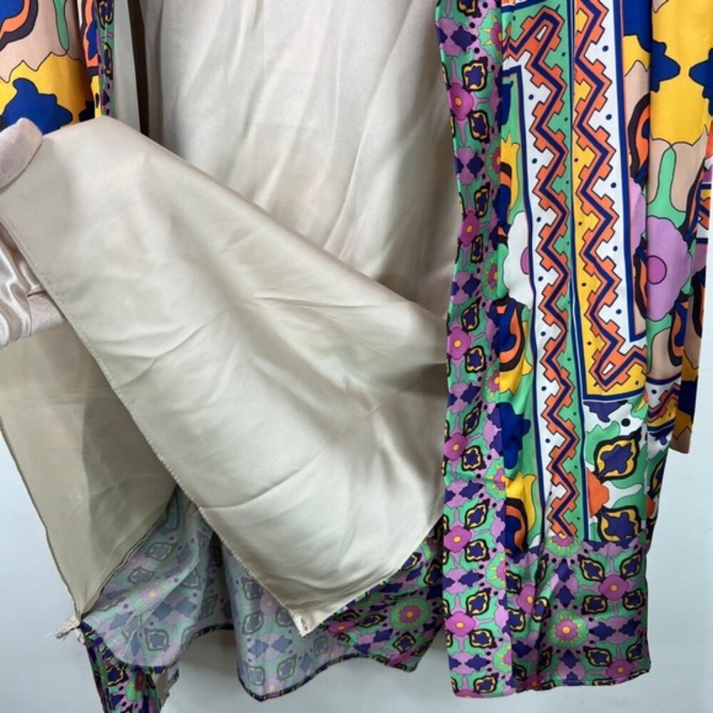 NWT ZARA KIMONO Multicolor Satin Tied Self Belt Slits Oversized 7753/032 Size‎ S - Picture 8 of 13